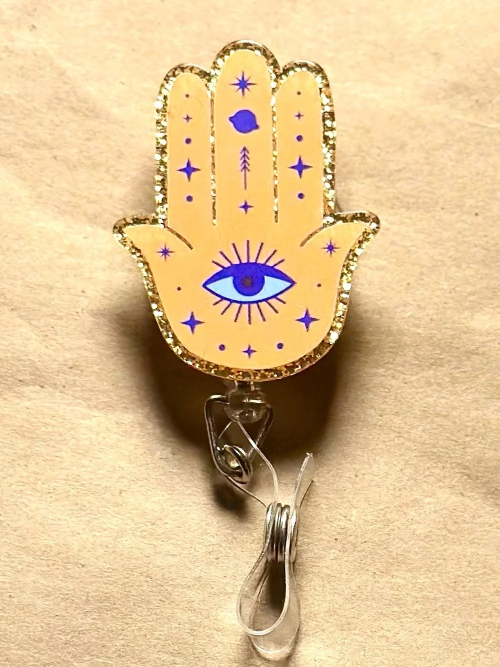 Gold Glitter Hamsa Badge Reel with Blue Eye